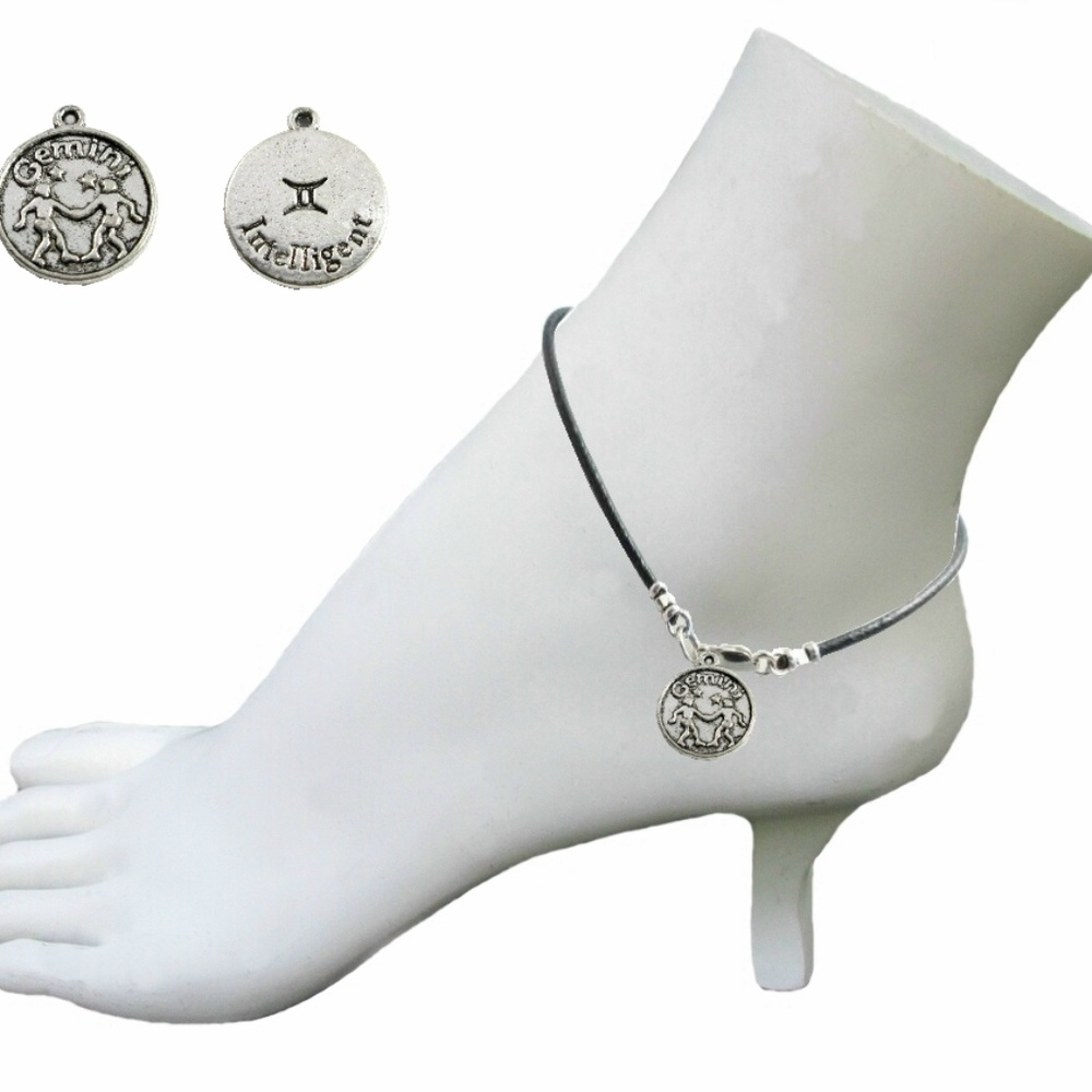 Black Leather Anklet ~ Gemini Zodiac Charm